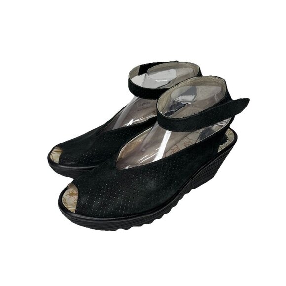 Fly London Sandals Women Size 10-10.5 US 41 EU Black Perforated Leather Peep Toe - Picture 1 of 6